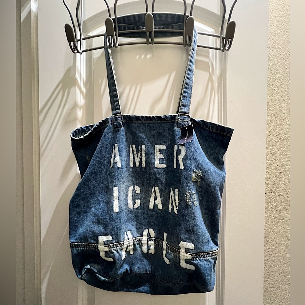 NWT American Eagle Distressed Denim Shoulder Book Bag + Cell Phone Pocket Inside